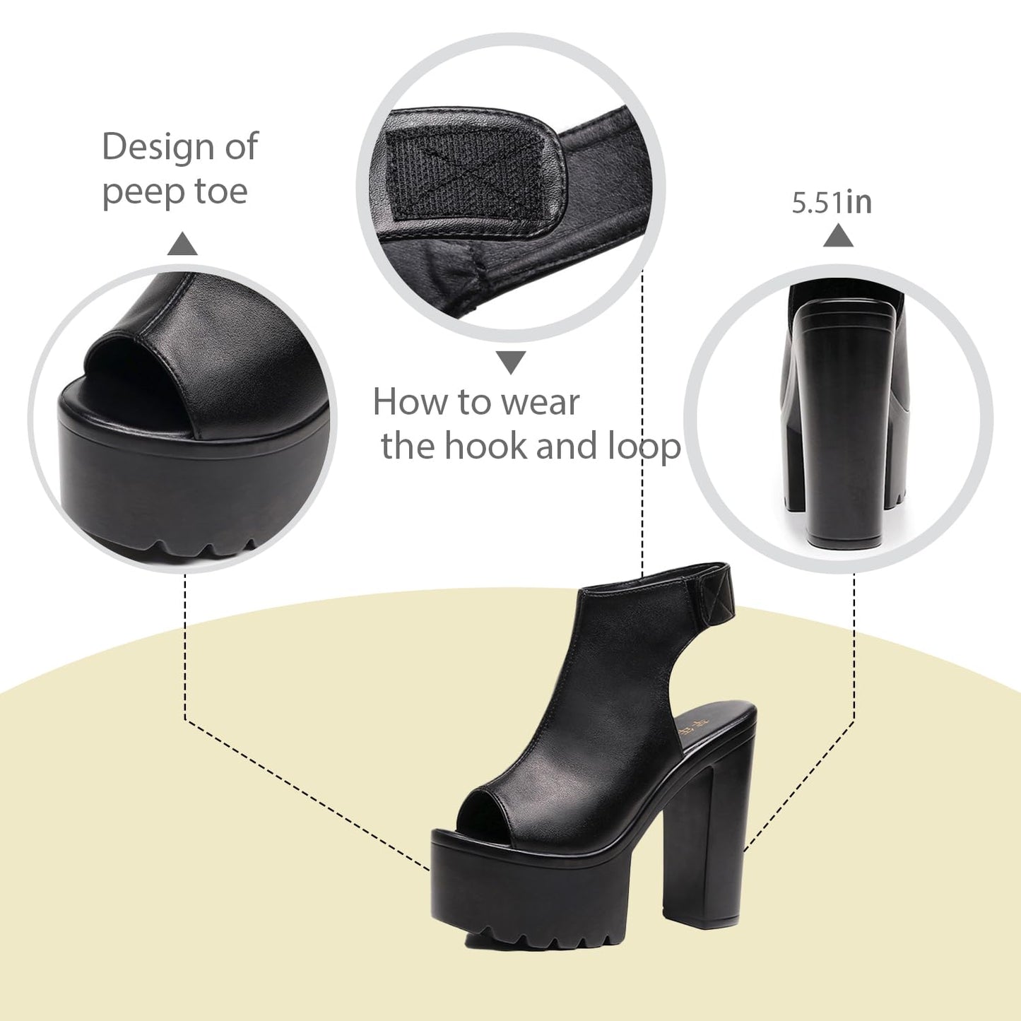 FIFILAPIN Women'S Peep Toe Super High Heel Platform Sandals With Hook And Loop Fashion Round Toe Chunky Platform Slingback Non-Slip Party Dress Shoes For Party, Evening Party, Date (black,8.5)