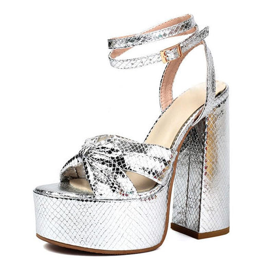 Onlymaker Platform Heels for Women Silver Chunky High Heeled Sandals Sexy Ankle Strap 5 inch High Block Heel Metallic Leather Platform Chunky Heels for Wedding Party Vintage Prom Dressy Size 13