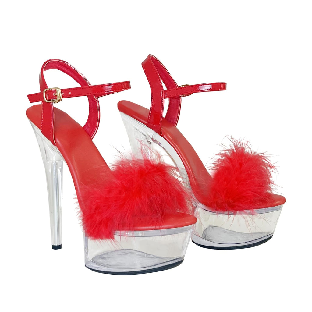 Baffoloo Women's Clear Platform Stiletto Fuzzy High-heeled Ankle Strap Party Casual Sexy Heels for Dancing Pole Dance Heels Casual Sandals Red