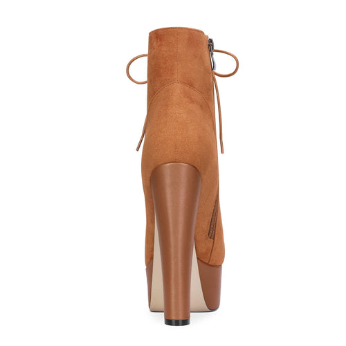 DearOnly Women Chunky Block Platform High Heel Round Toe Ankle Boots Short Bootie Zipper Party Cute Boots Brown