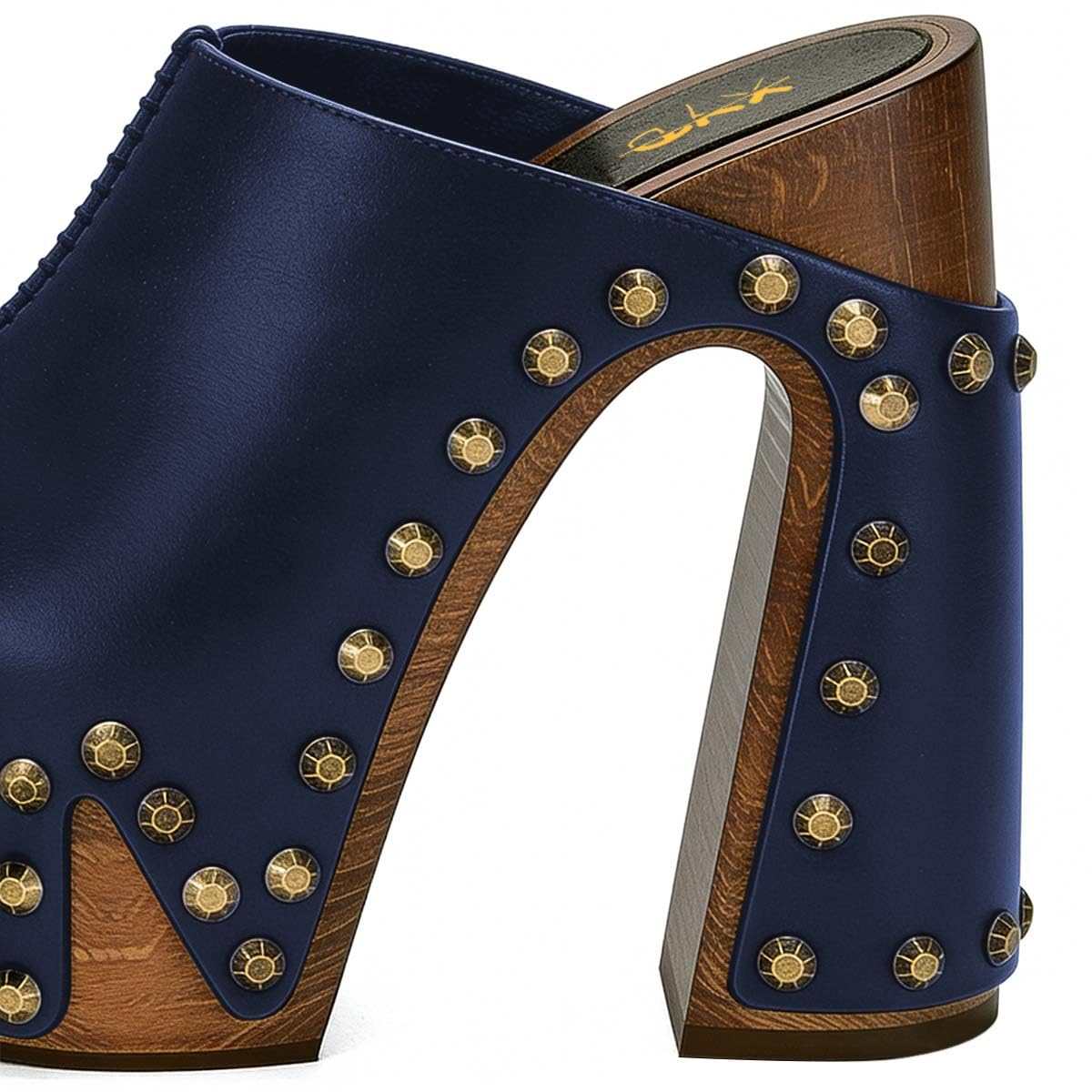 XYD Women Wooden Chunky Heel Mules Platform Bronzed Studs Open Toe Block Sandals Vintage Parties Shoes (Size 7.5, Navy)