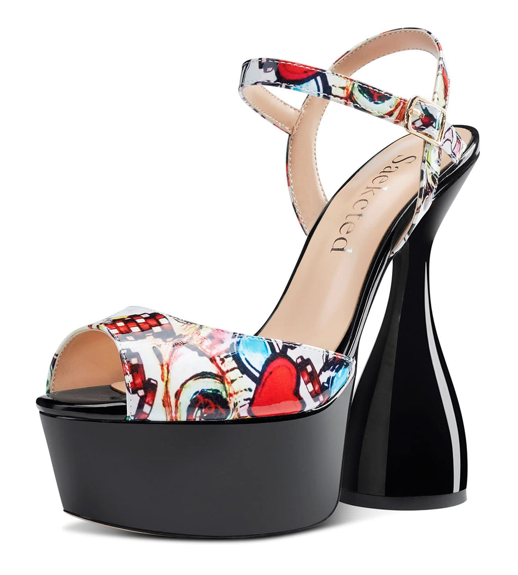 Saekcted Women's Chunky High Heels Platform Fashion Party Sandals Peep-Toe Ankel-Strap Sandal 6Inch Heel Shoes for Wedding Dress Multicolor Patent
