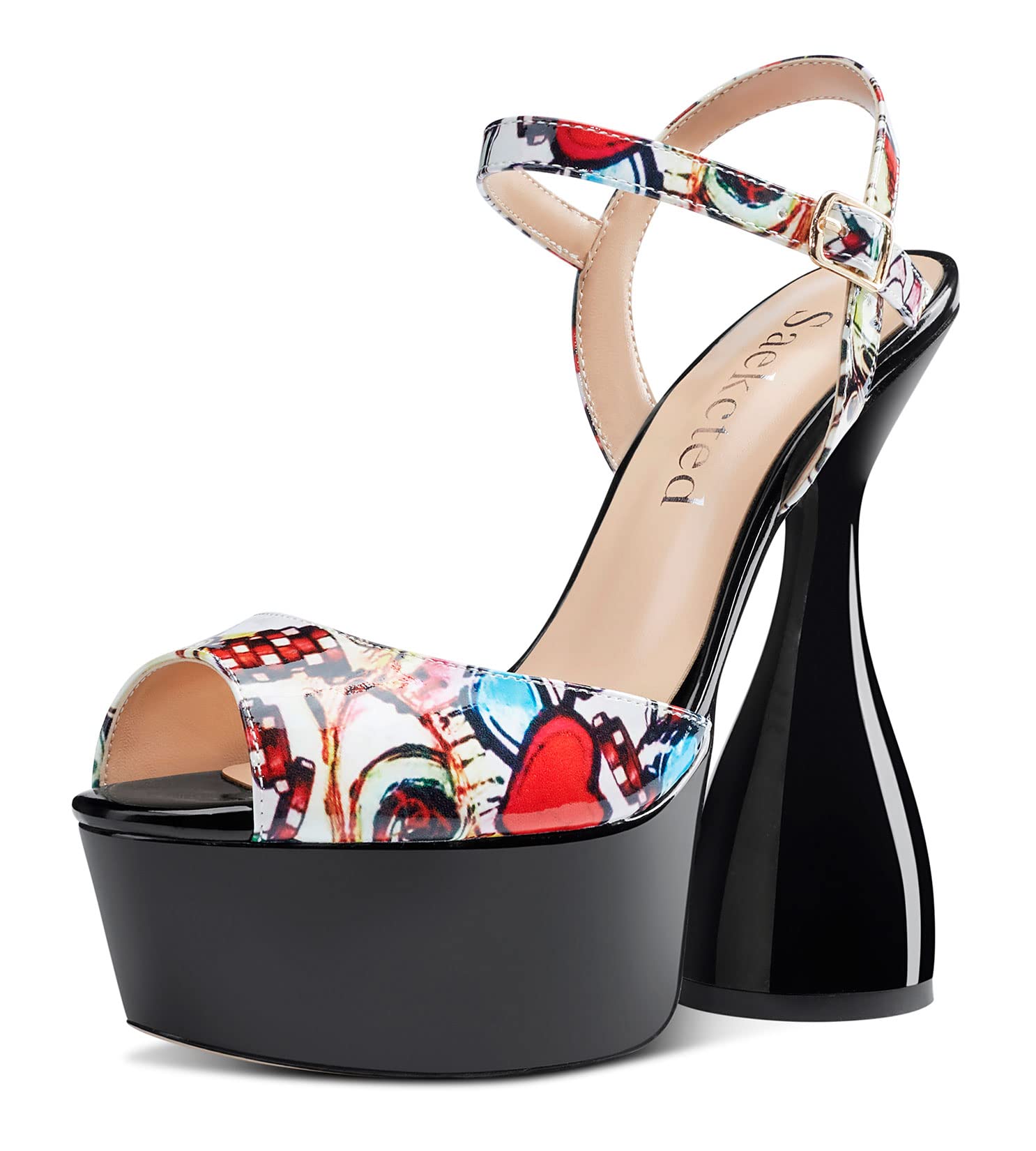 Saekcted Women's Chunky High Heels Platform Fashion Party Sandals Peep-Toe Ankel-Strap Sandal 6Inch Heel Shoes for Wedding Dress Multicolor Patent