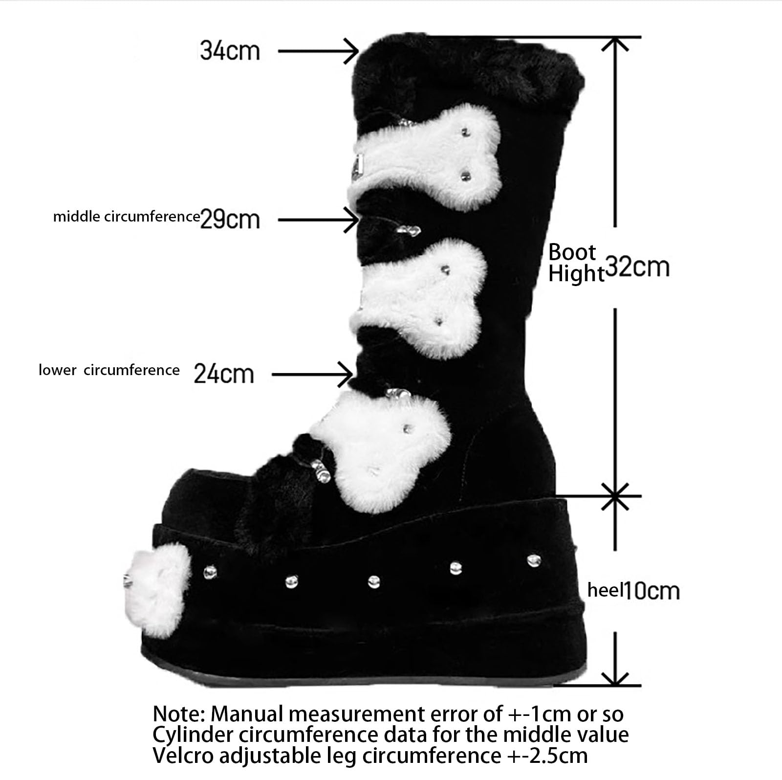 GURURU Womens Goth Boots with Bone Shape Elements Mid Calf Boots Chunky High Heel Punk Goth with Warm Fur Platform Boots (black, Adult, Women, 8, Numeric, US Footwear Size System, Medium)