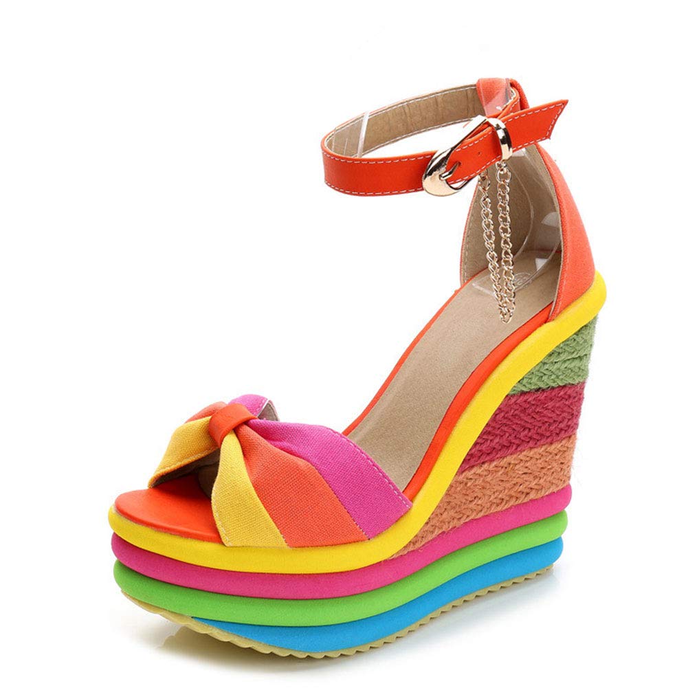 SaraIris Sandals for Women Gladiator Ankle Strap High Heel Platform Shoes Wedge Rainbow Sandals for Women Orange