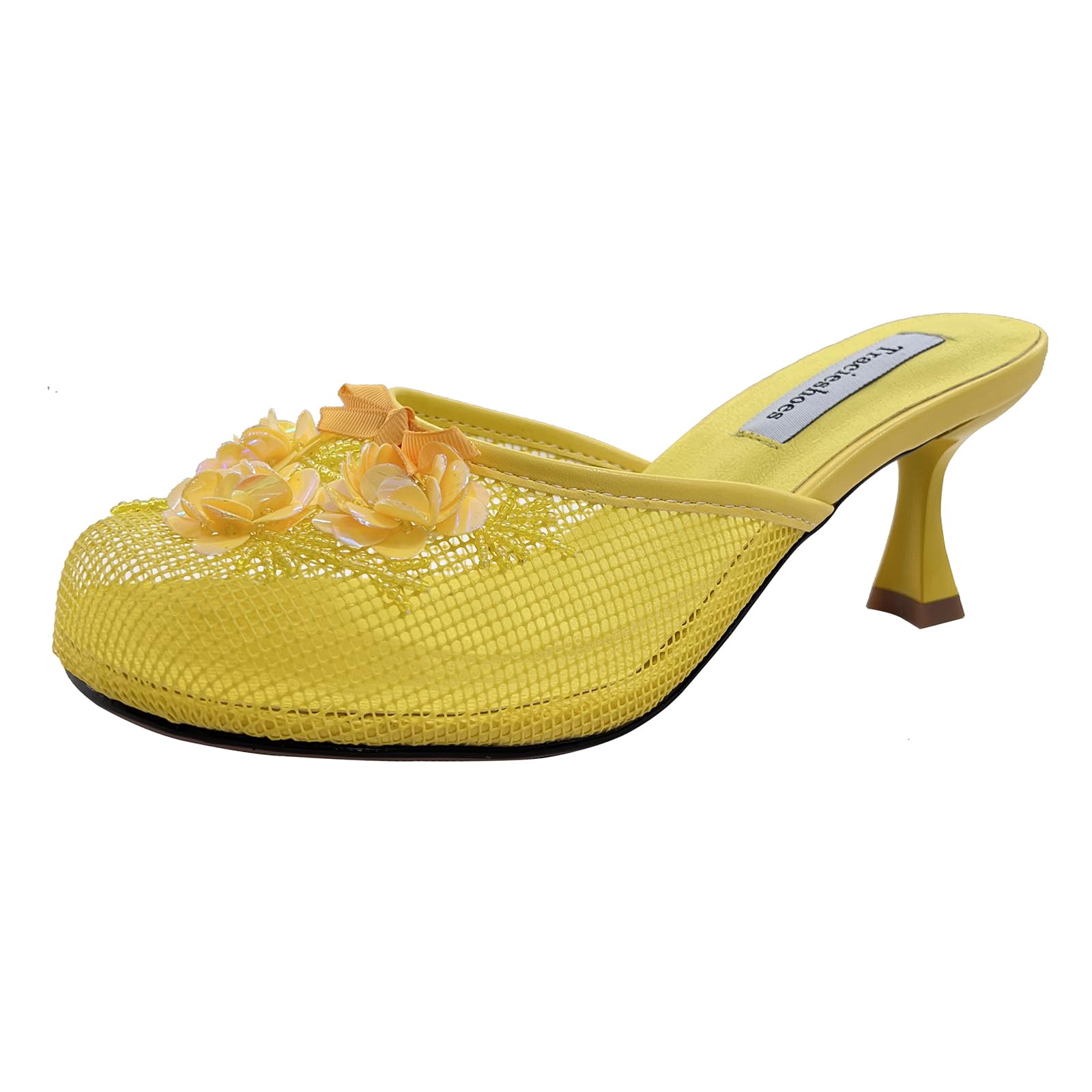 Tracieshoes Women's Mesh Mule Slip On Sandals With Floral Sequin Embellishments Round Toe Middle 2.5 Inch Heel Slides Slippers Yellow