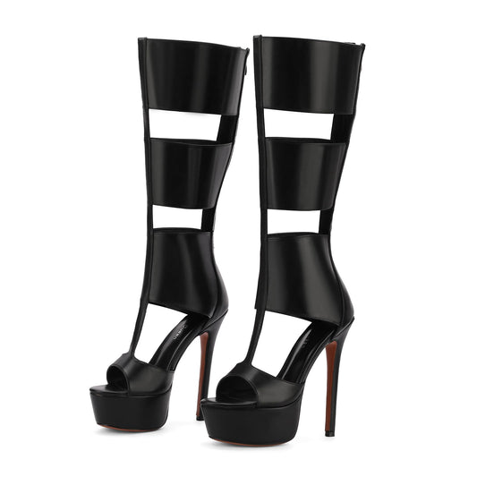 FancyQueen Platform Knee High Sandals for Women, Gladiator Open Toe Summer Booties Black Heels Sandal Boots, Sexy Style Casual for Party