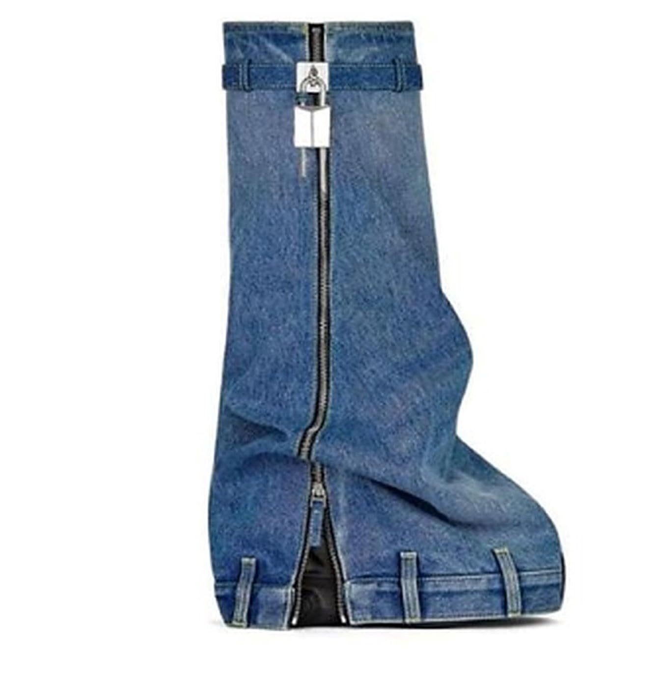 LEMONADE Women Denim Fold Over Platform Knee High Boots with Padlock Smarty Pants Denim