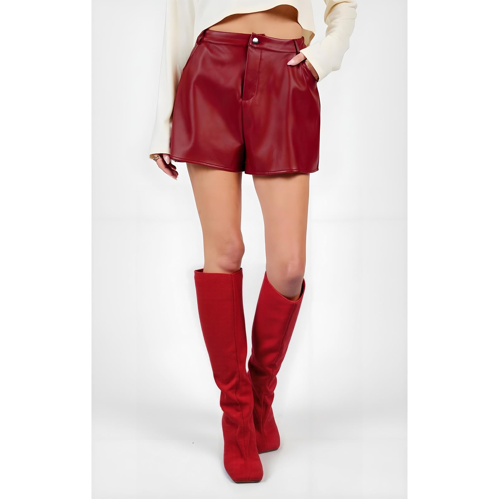 VOZTOLLS Knee High Boots Women Square Toe Kitten Heel Tall Boots Suede Wide Calf Pull-on Comfortable Fashion Dress Heeled Long Boots Red Size 7