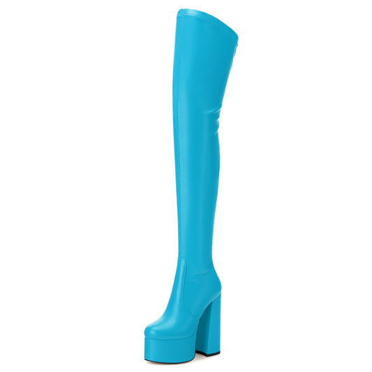 SKYSTERRY Lake Blue Women's Thigh High Boots Over The Knee Platform High Chunky Round Toe Heels Boots Side Zipper Sexy Comfortable Long Boots Size 8