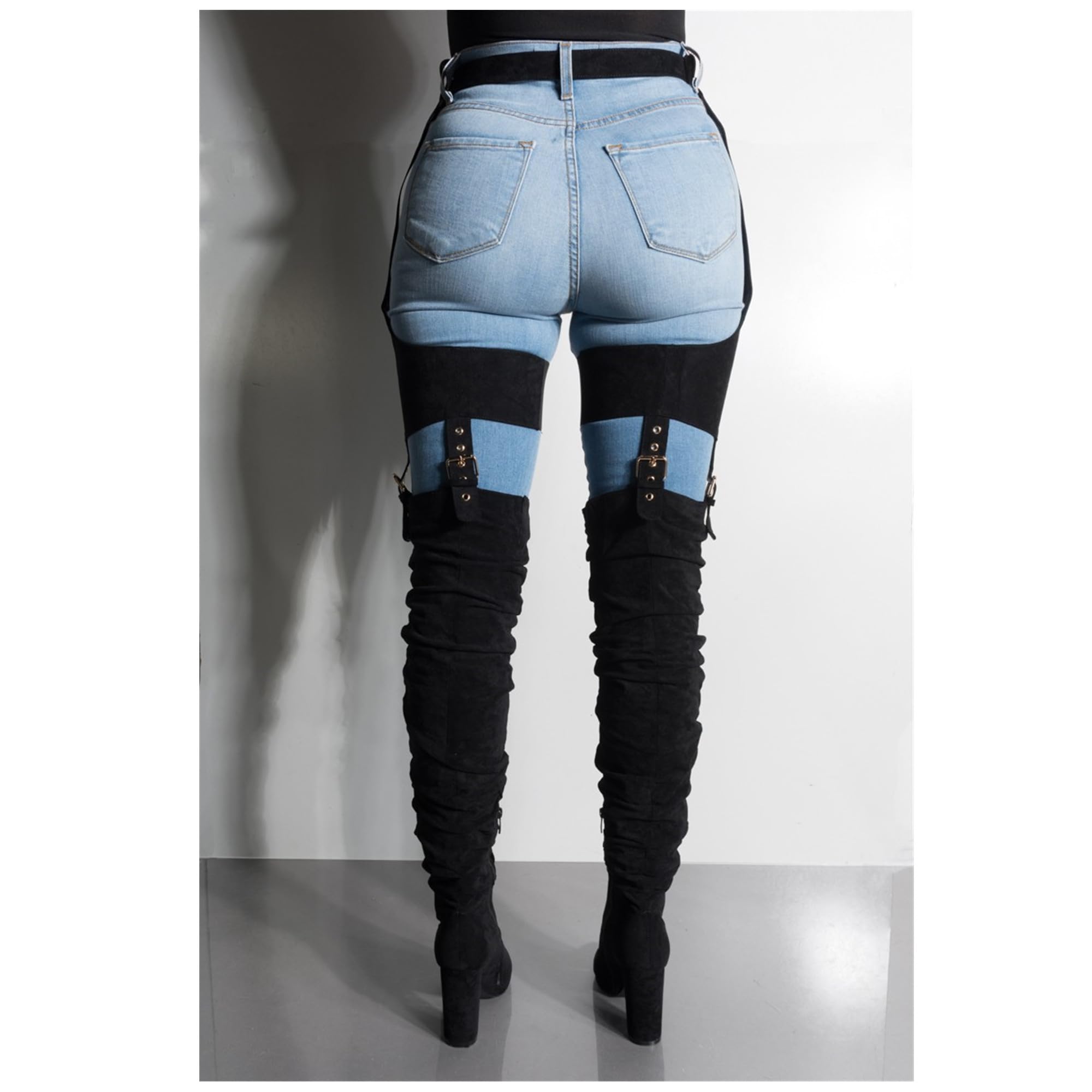 HiColor Women's Belted Pointed Toe high Boots Striking Buckle Strap Fashion thick Heel Thigh high Boot