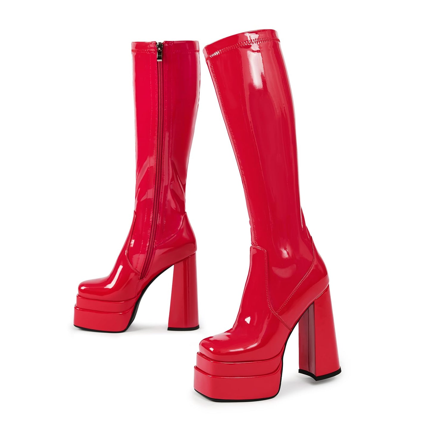 wetkiss Red Patent Platform Knee High Boots Women Red Women's Knee-high Gogo Boots Chunky Long 70s Boot Stretch Patent Leather Square Toe Party Festival Cosplay