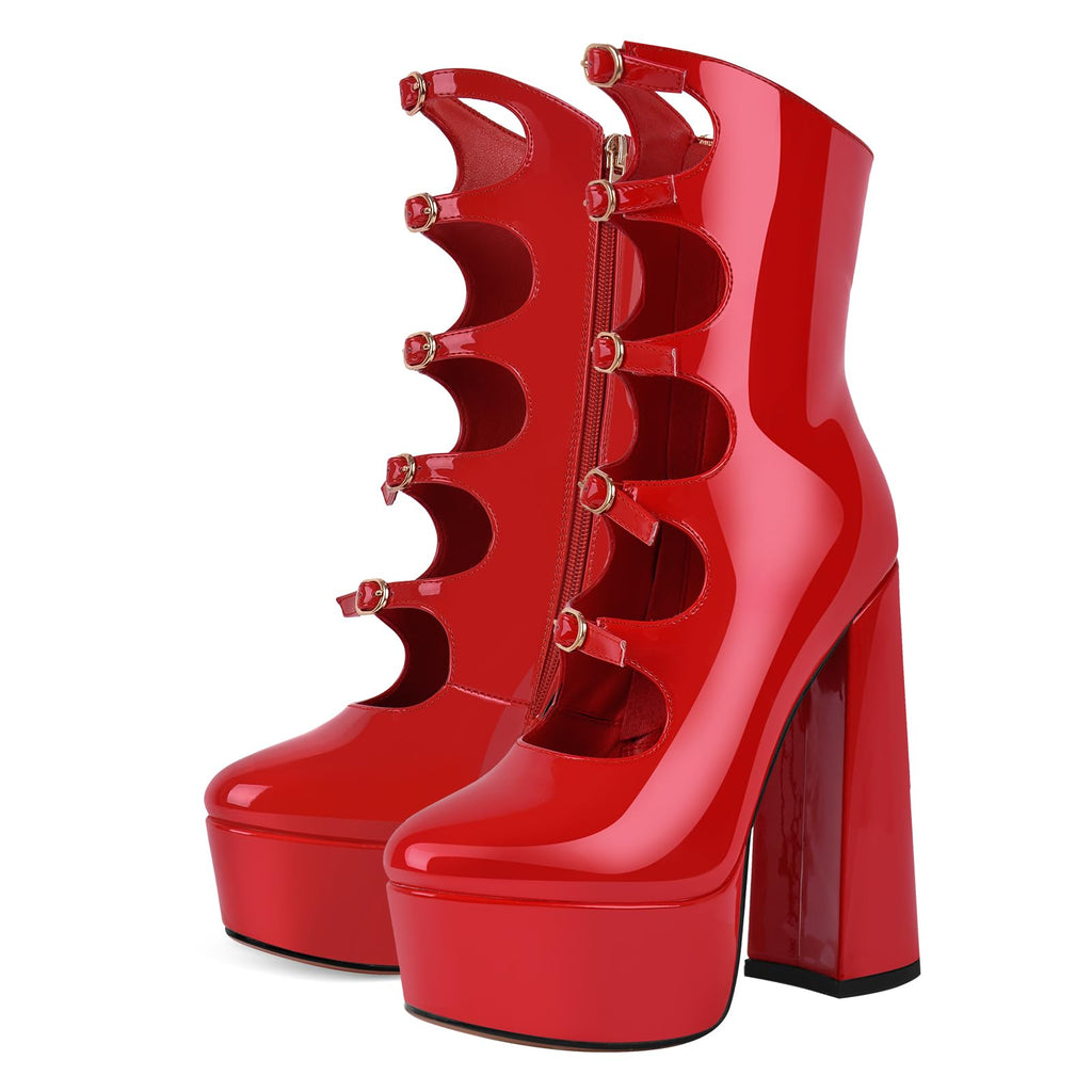 Rhineshell Women's Platform High Heels Side Zipper Adjustable Buckles Block Chunky Heel Faux Patent Leather Pumps Round Closed Toe Party Dress Hollow Out Ankle High Sandals Shoes Red