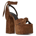 Fuazuzu Platform Suede Strappy Heels Sandals for Women, Chunky Heel Round Peep Toe Ankle Strap Sandals for Prom Wedding Date Night Dressy Party Shoes, Brown 8