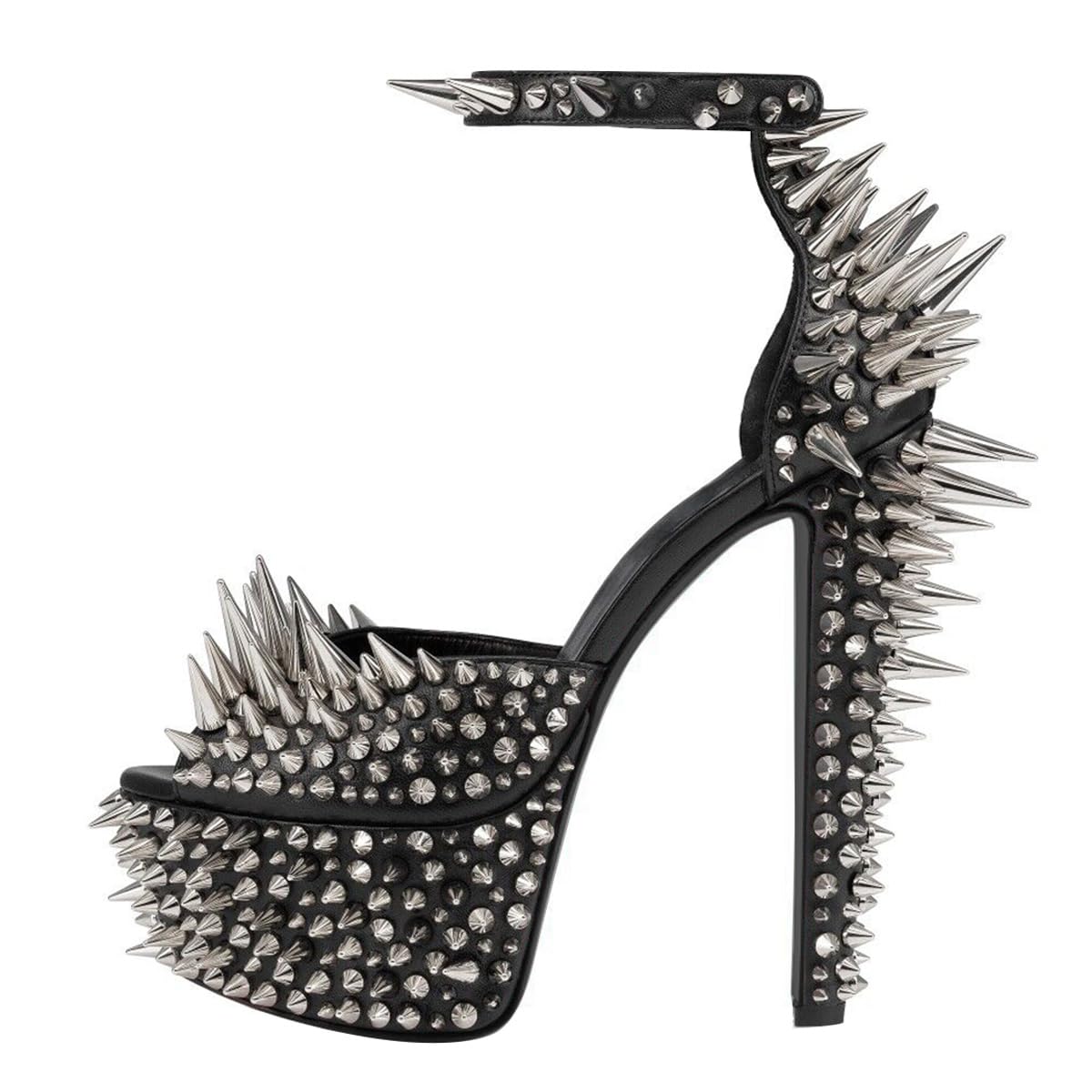 FSJ Women Spiked High Heel Sandals with Studded Ankle Strap Peep Toe Platform Chunky Rivets Heel Sexy Night Club Shoes
