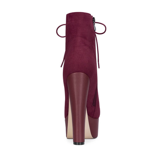 DearOnly Women Chunky Block Platform High Heel Round Toe Ankle Boots Short Bootie Zipper Party Cute Boots Burgundy Wine Red