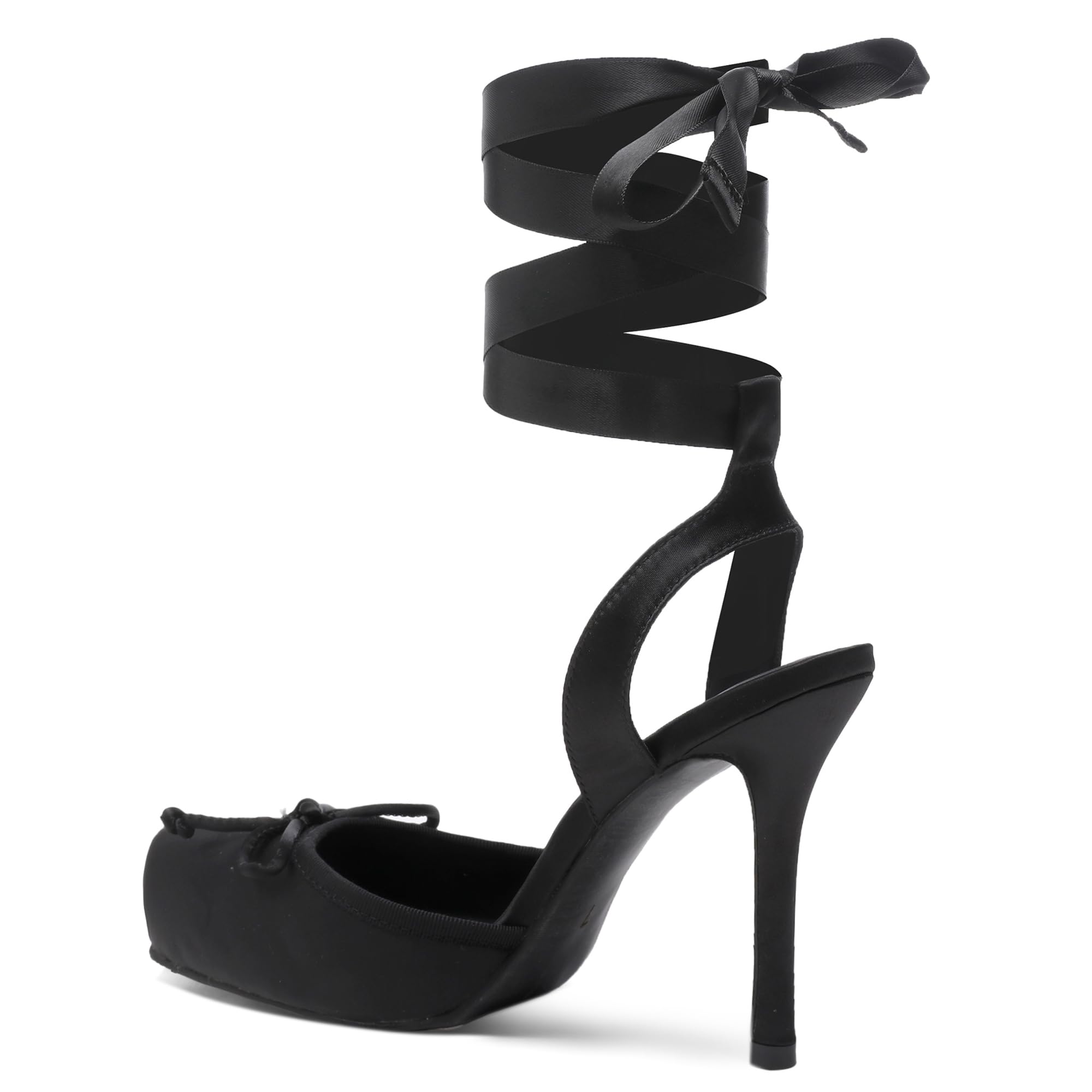 Riekhany Satin Ballet Heels for Women Closed Square Toe Bow Ballerina Heels Lace Up High Heel Slingback Pumps Strappy Stiletto Mary Janes Elegant Party Shoes Black