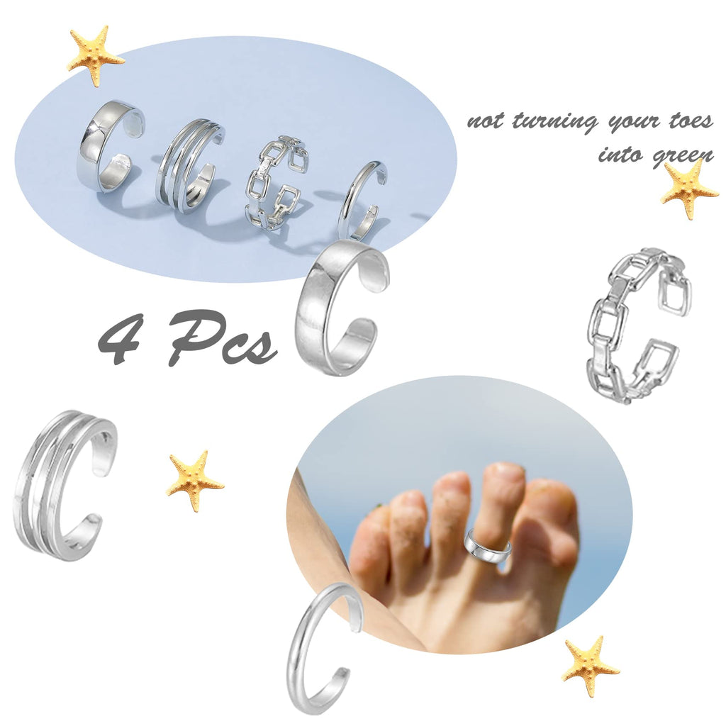 PWUEITR 4Pcs/1Set Adjustable Gold Silver Toe Rings for Women Knuckle Tail Ring Simple Summer Beach Open Toe Rings Set Foot Jewelry,silver