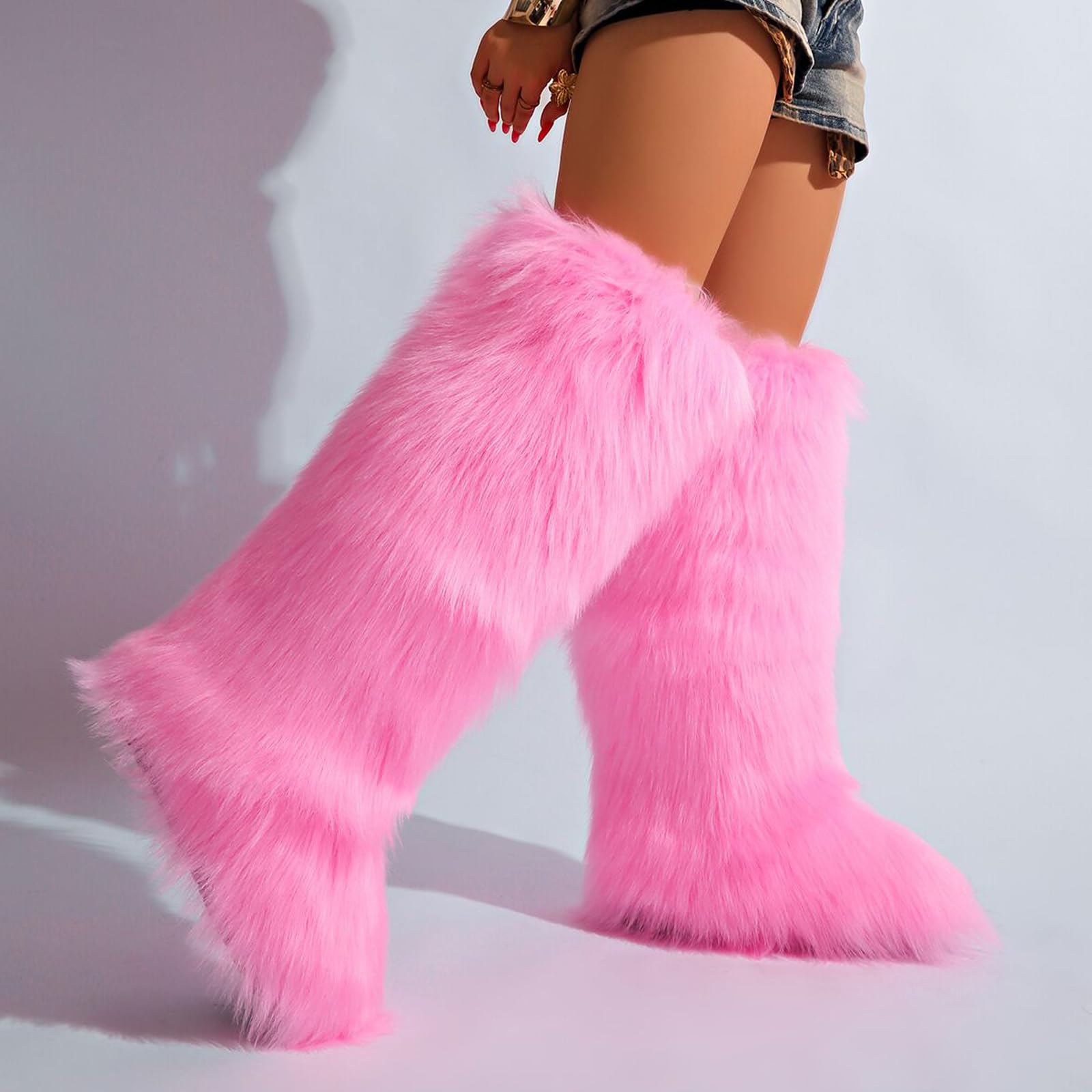 Valpeak Womens Faux Fur Boot Winter Fluffy Long Furry Boots for Girls Outdoor Fuzzy Knee-High Boots Pink