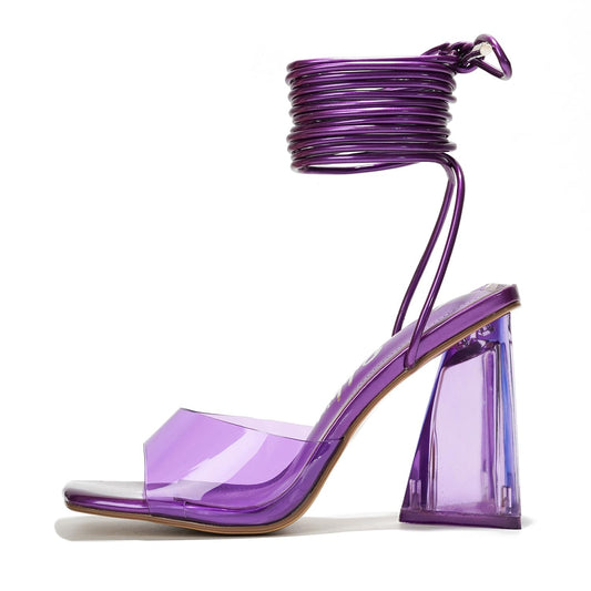 Clear Strappy Heels - Square Toe Lace Up Prom Wedding Shoes for Women, Comfortable High Heel Sandals Evening Dressy (Swag) -Purple Size 6
