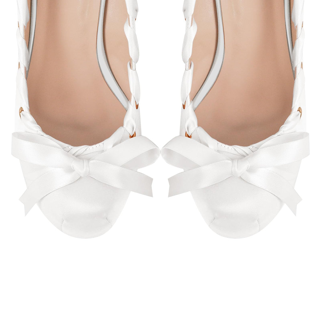 onlymakerheels Platform Heels Chunky Bow Ribbon Pumps White