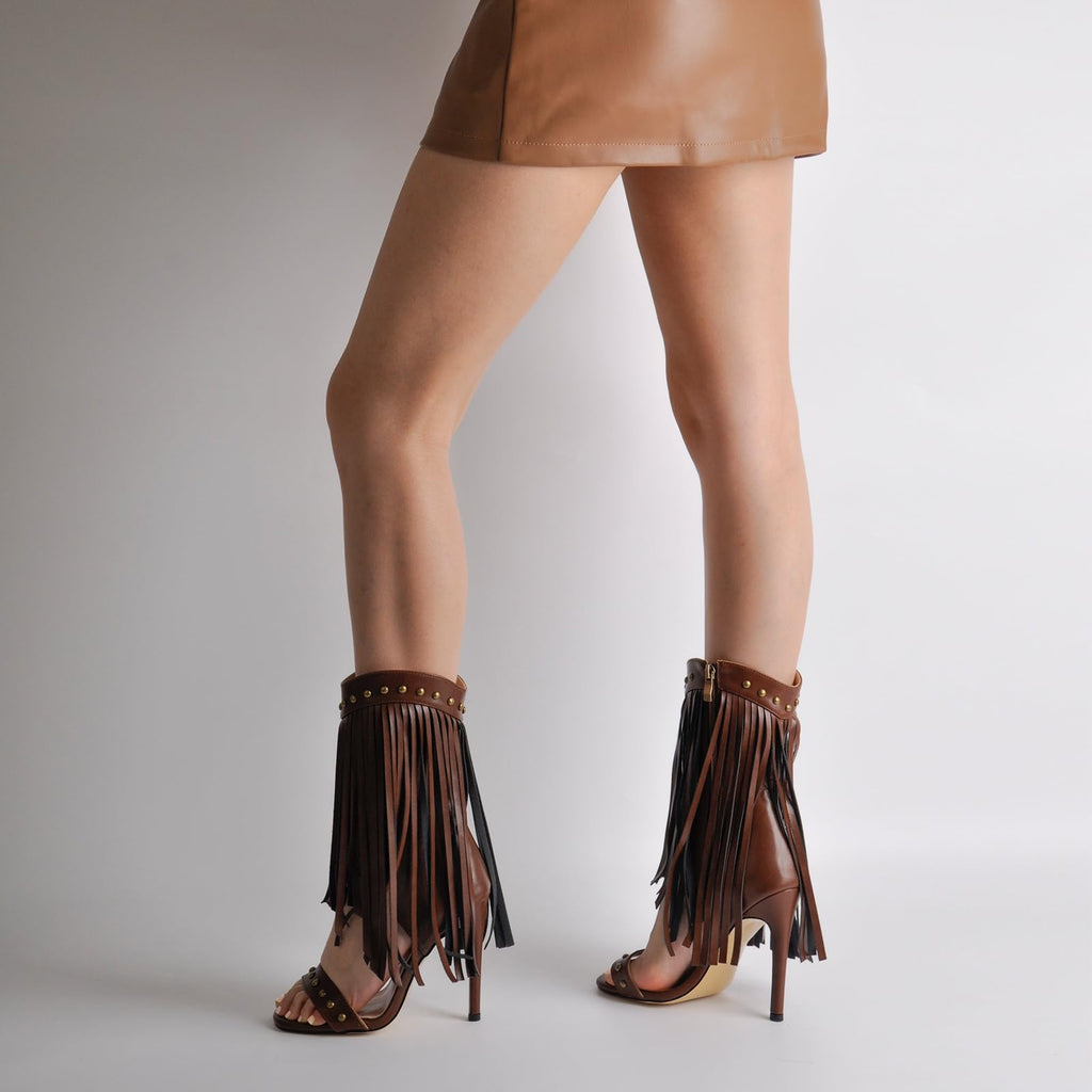 Rhineshell Women's Fringed High Heels Side Zipper Ankle Sandal Boots Studded Heeled Sandals Tassels Round Open Toe Stilettos Faux Leather Zip Up Party Dress Shoes Dark Brown Size 7