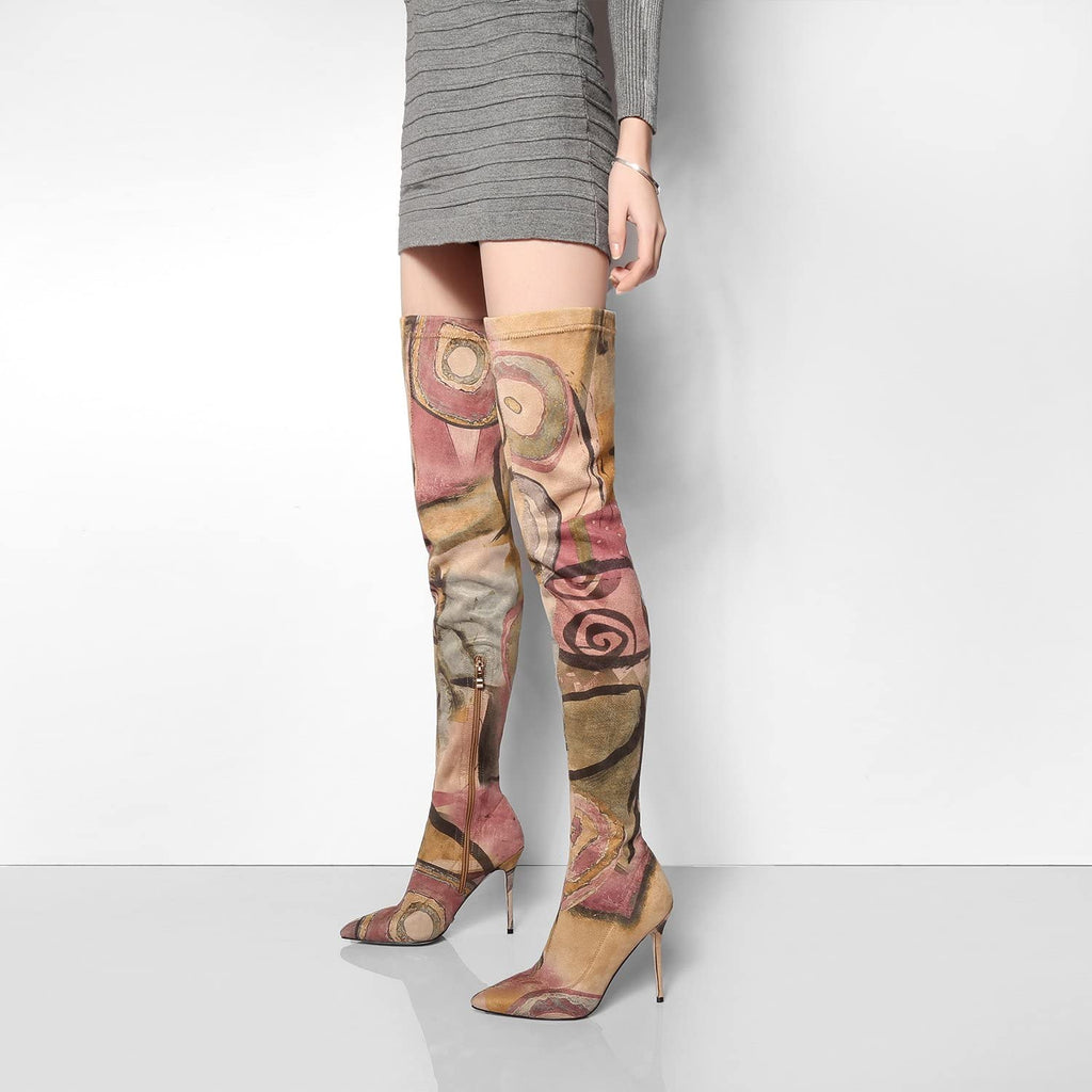 vivianly Women's Sexy Printed Stretchy Thigh High Boots Pointy Toe Stiletto Heel Booties Over The Knee High Heel Boot Size 7