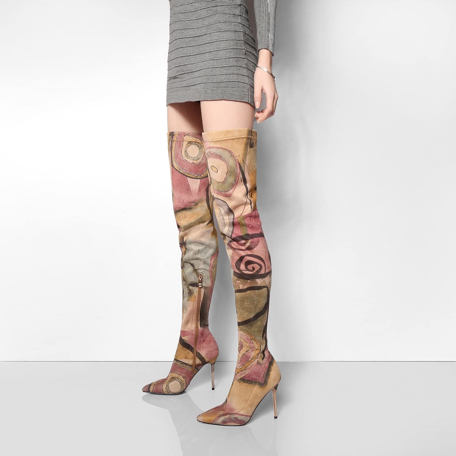 vivianly Women's Sexy Printed Stretchy Thigh High Boots Pointy Toe Stiletto Heel Booties Over The Knee High Heel Boot Size 7