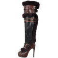 Rhineshell Women's Platform Thigh High Boots Round Closed Toe Studded Faux Fur High Heels Buckles Stilettos Side Zipper Long Boot Black Brown Size 15