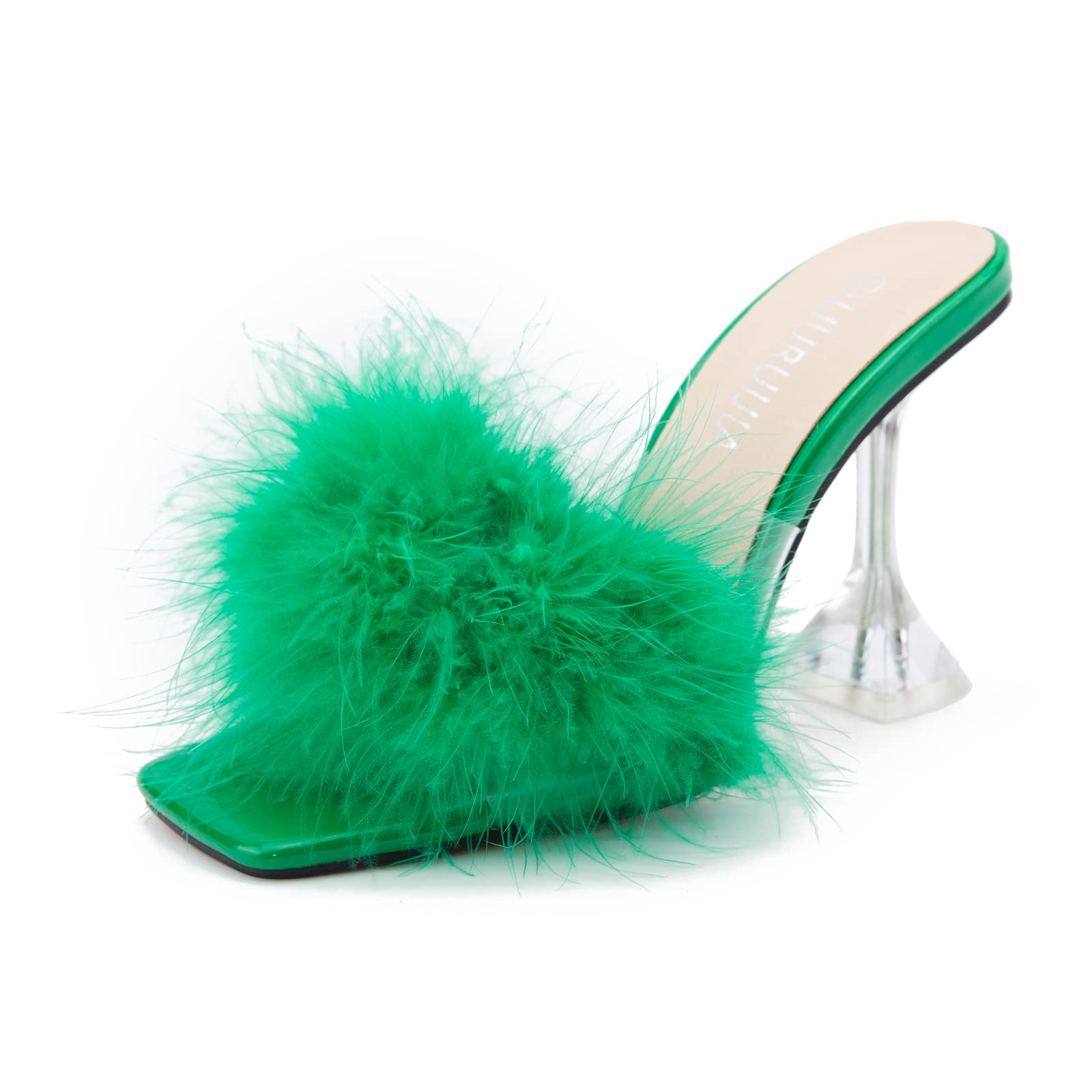 LIURUIJIA Feather High Heel Mules Sandals for Women Slip On Square Toe Clear Tapered Chunky Heels Fuzzy Fluffy Bridal Wedding Party Sexy Shoes Green