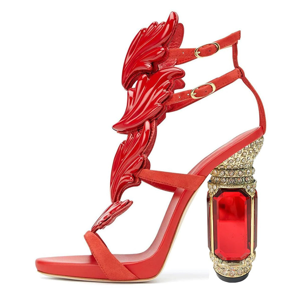 FSJ Women Open Toe Stylish Sandal Ankle Strap Chunky Block High Thick Heels Wedding Party Ballroom Prom Shoes Red Flame