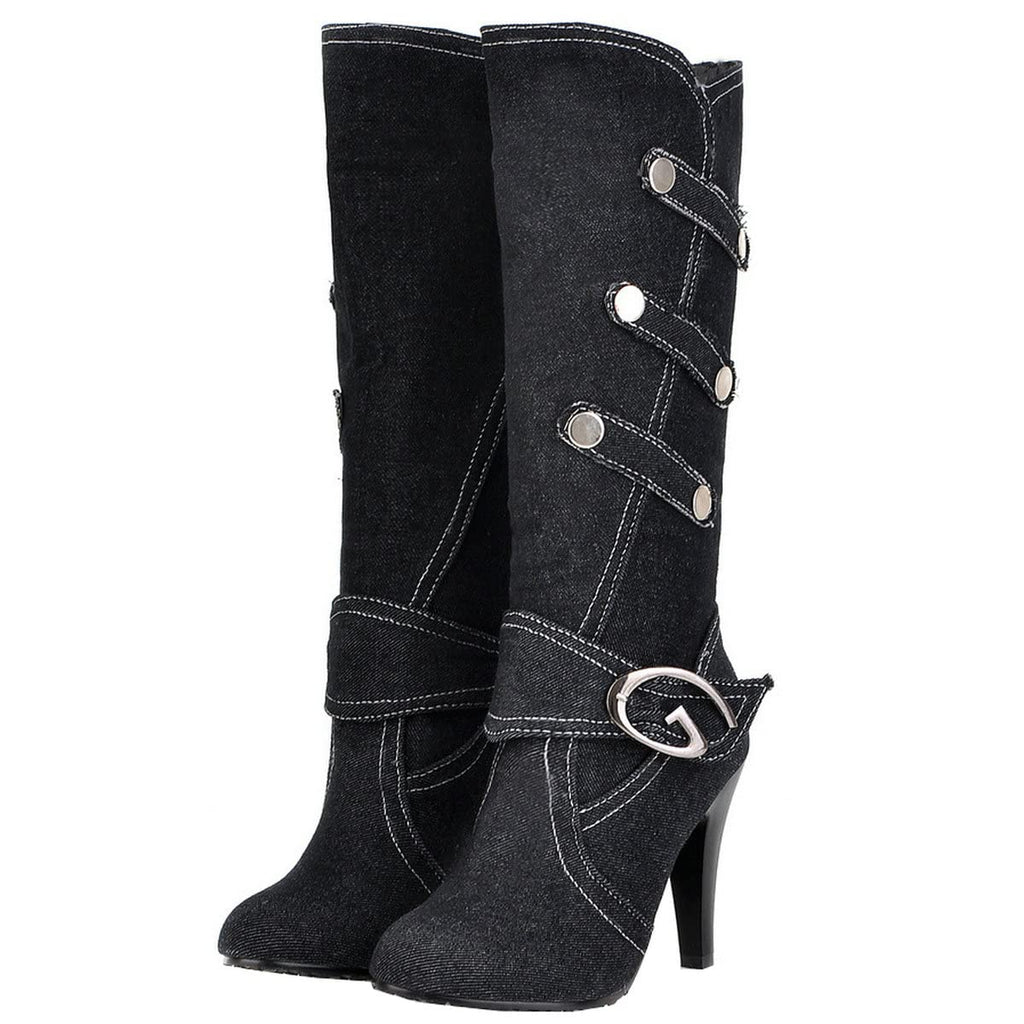Uniquelly Womens Denim Knee High Boots Stiletto High Heel Mid Calf Slip On Round Toe Classic Retro Winter Shoes (Black,US7)