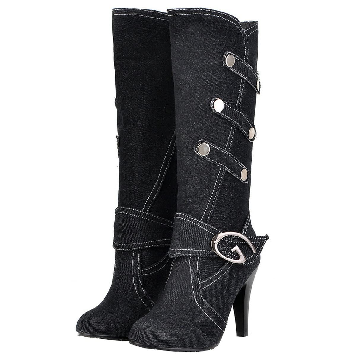 Uniquelly Womens Denim Knee High Boots Stiletto High Heel Mid Calf Slip On Round Toe Classic Retro Winter Shoes (Black,US7)