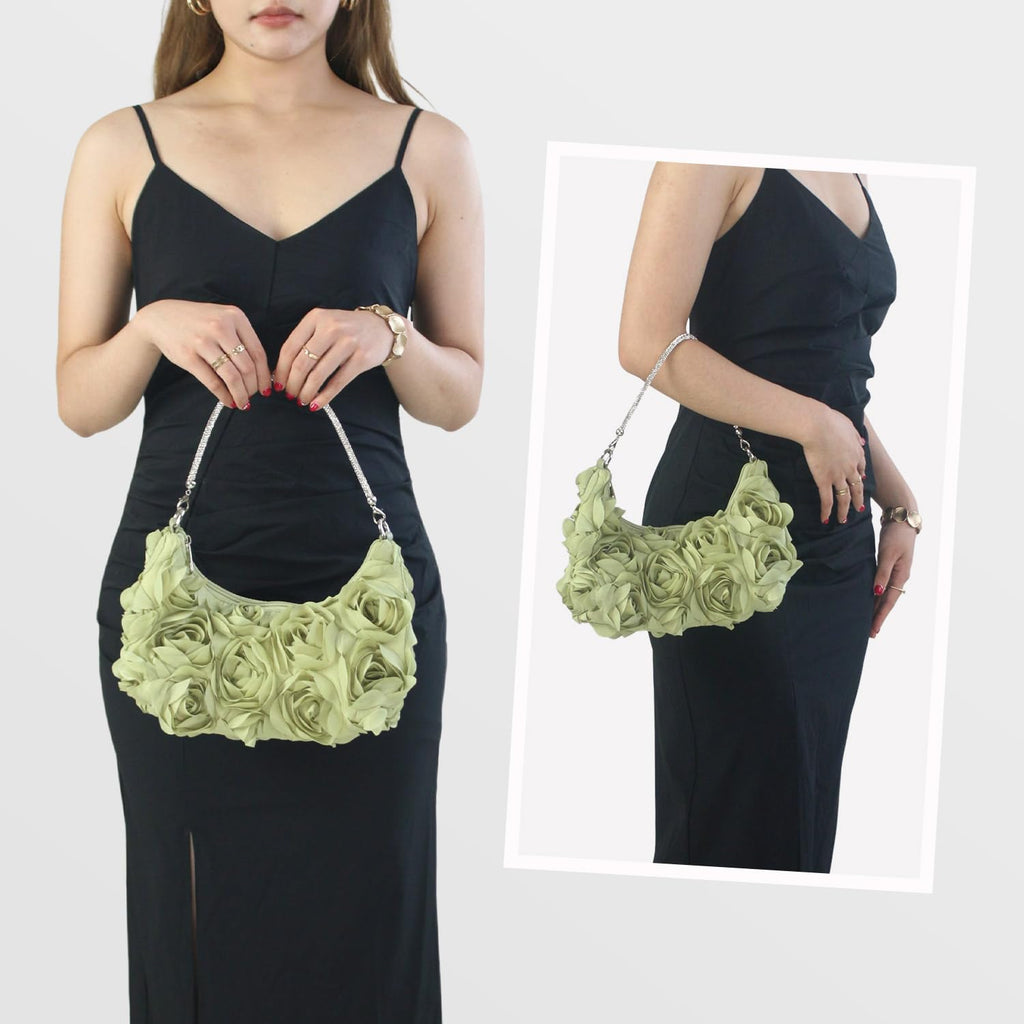 Nefokfdus Women's 3D Flower Clutch Purse, Satin Floral Evening Handbag with Chain for Wedding, Party, Prom