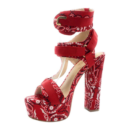 Mata Shoes Women's Open Toe Strappy Chunky Platform High Heel Sandals Red Bandana 6.5