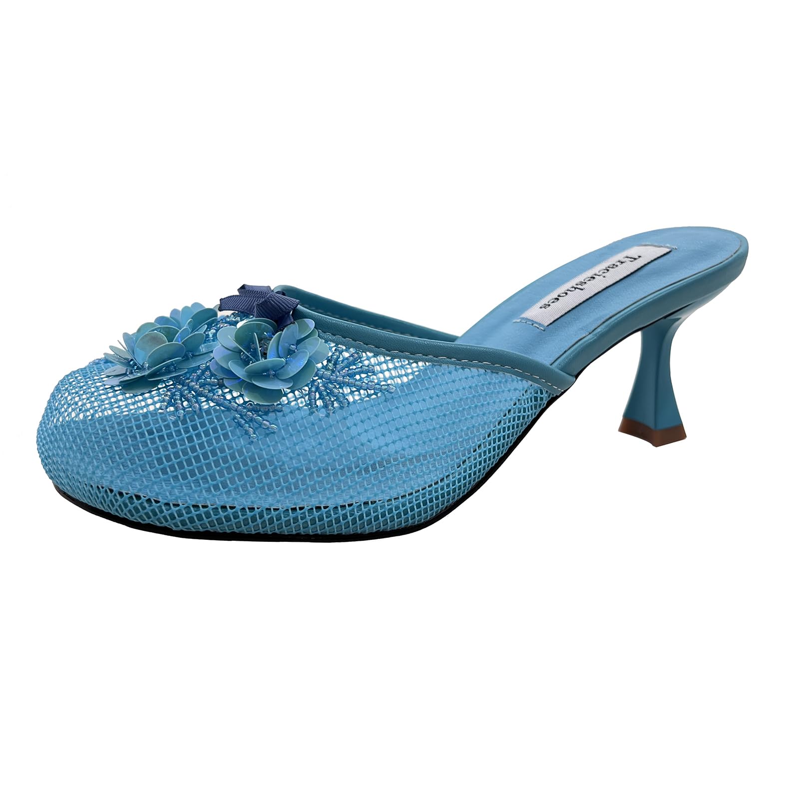 Tracieshoes Women's Mesh Mule Slip On Sandals With Floral Sequin Embellishments Round Toe Middle 2.5 Inch Heel Slides Slippers Blue