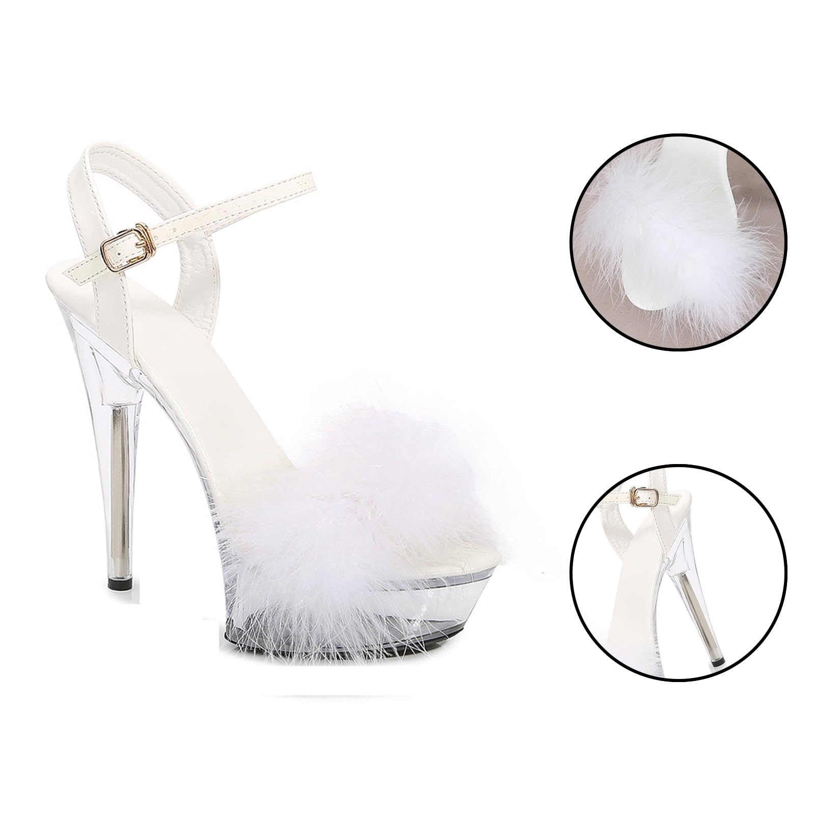 Baffoloo Women's Clear Platform Stiletto Fuzzy High-heeled Sexy Heels for Pole Dancing Heels Sandals White