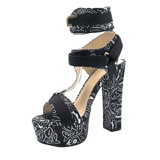 Mata Shoes Women's Open Toe Strappy Chunky Platform High Heel Sandals Black Bandana 6