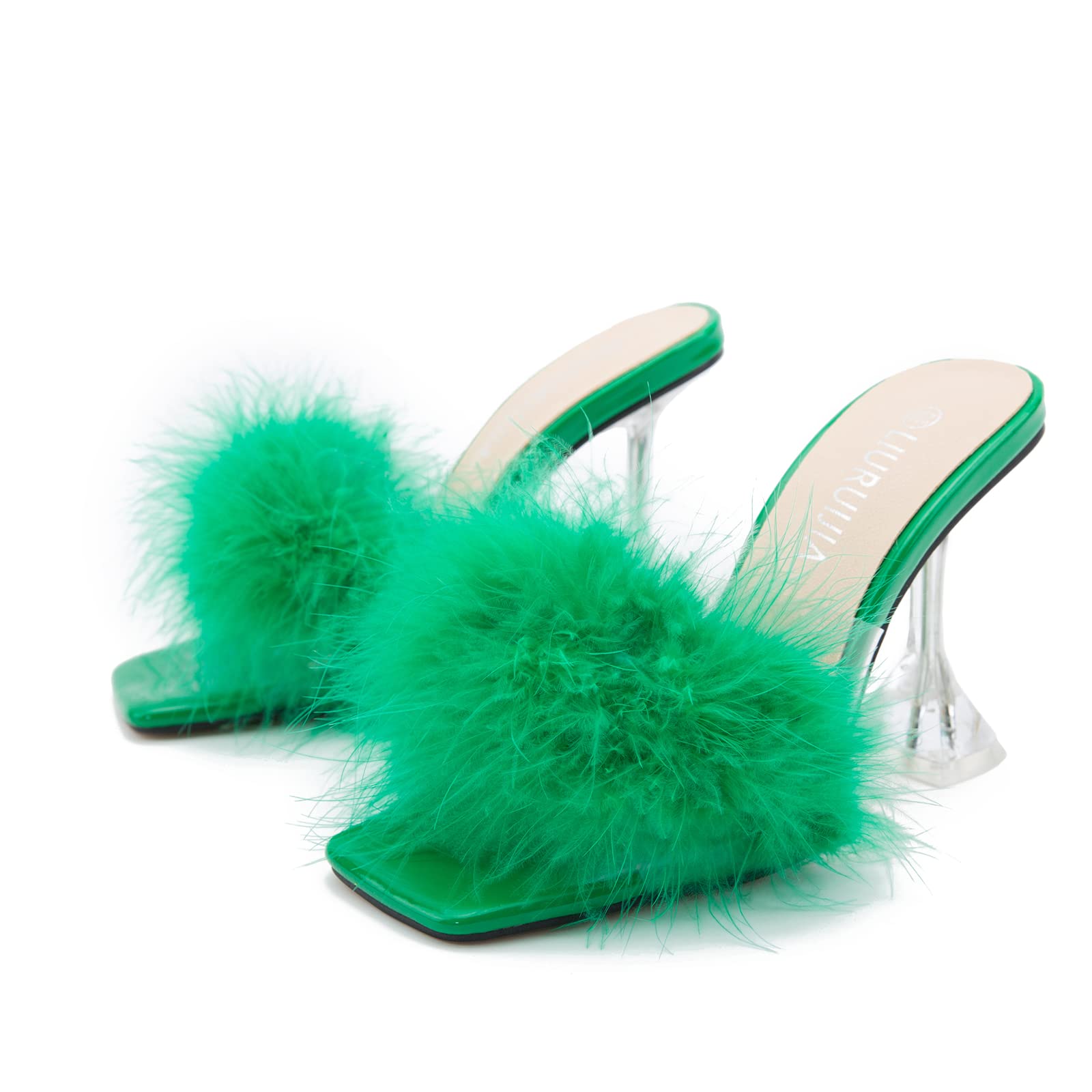 LIURUIJIA Feather High Heel Mules Sandals for Women Slip On Square Toe Clear Tapered Chunky Heels Fuzzy Fluffy Bridal Wedding Party Sexy Shoes Green