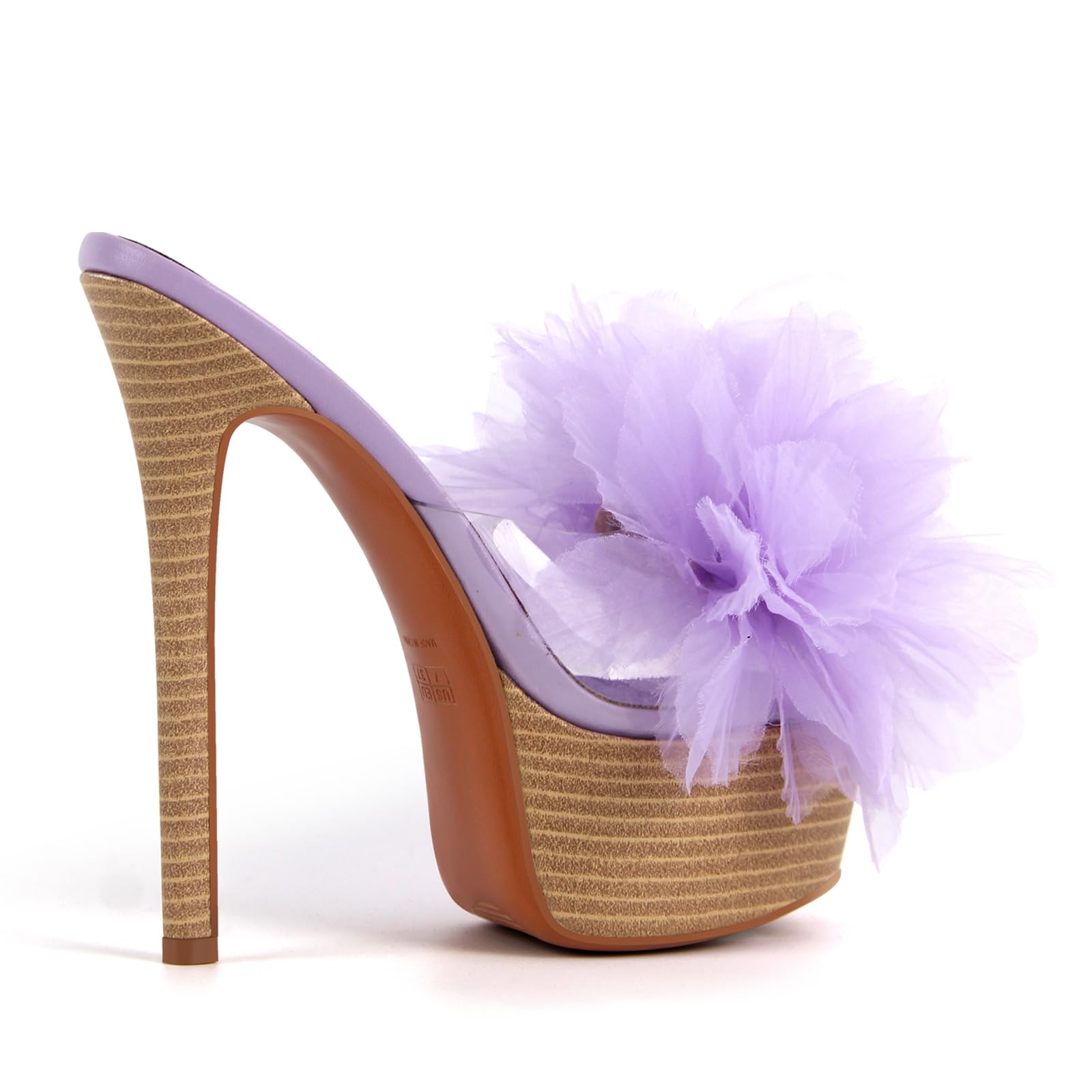 Rhineshell Women's Flower Stilettos High Heels Platform Slides Sandal Round Open Toe Slip On Slim Heeled Sandal Clear Upper Party Prom Shoes Purple Size 11
