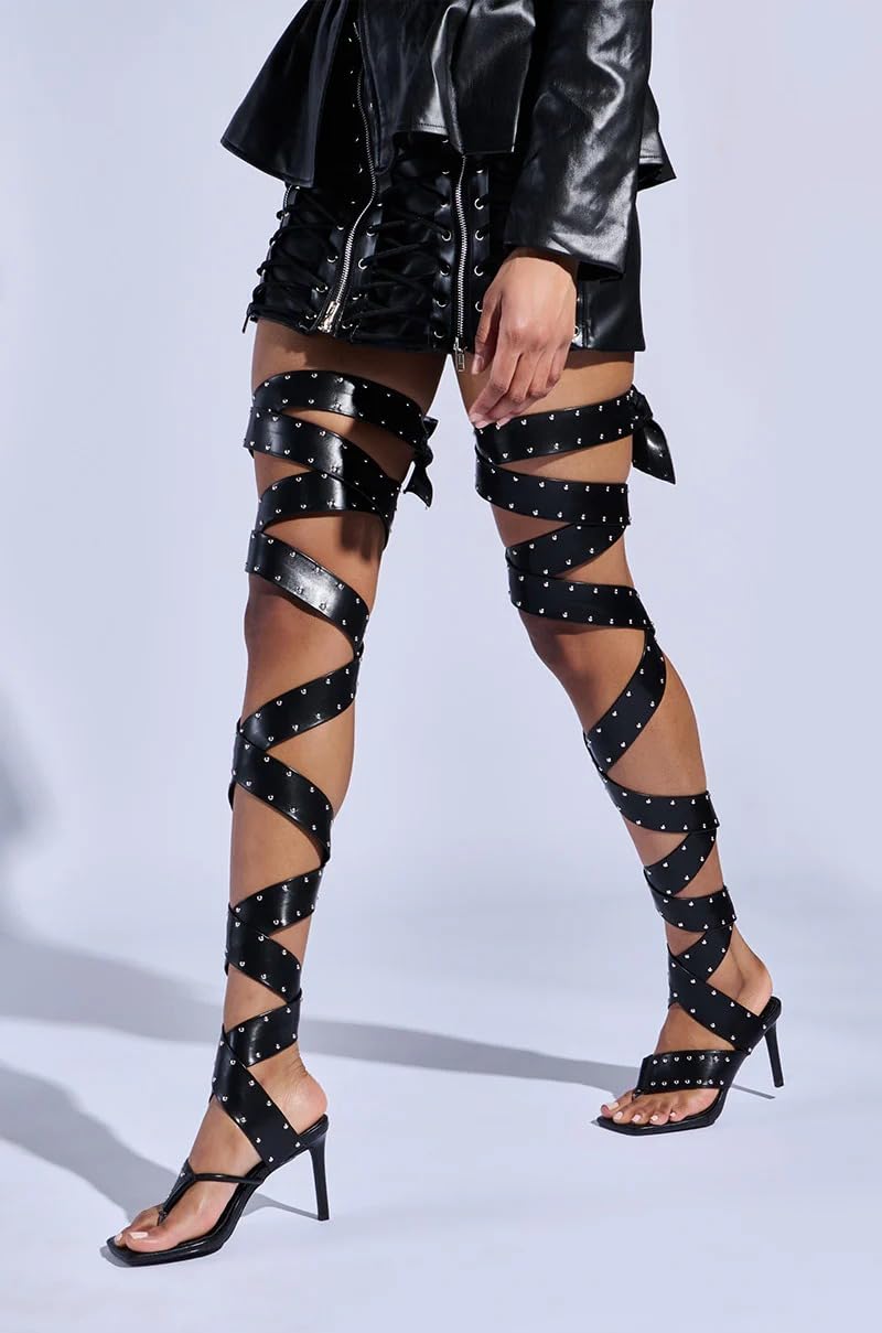 sexytag Women's Sexy Thigh High Studded Wrap Straps Heels Gladiator Lace-Up Stiletto High Heels Strappy Square Toe Thong Sandals for Clubwear Party Fashion Night Out Black Size 11