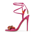 richealnini Strappy High Heels for Women Red Raffia Stiletto Sandals with Crochet Fish & Crab Appliques, Lace-Up Ankle Strap Heels for Summer Beach Vacation, Gladiator Sandals for Women Size 8