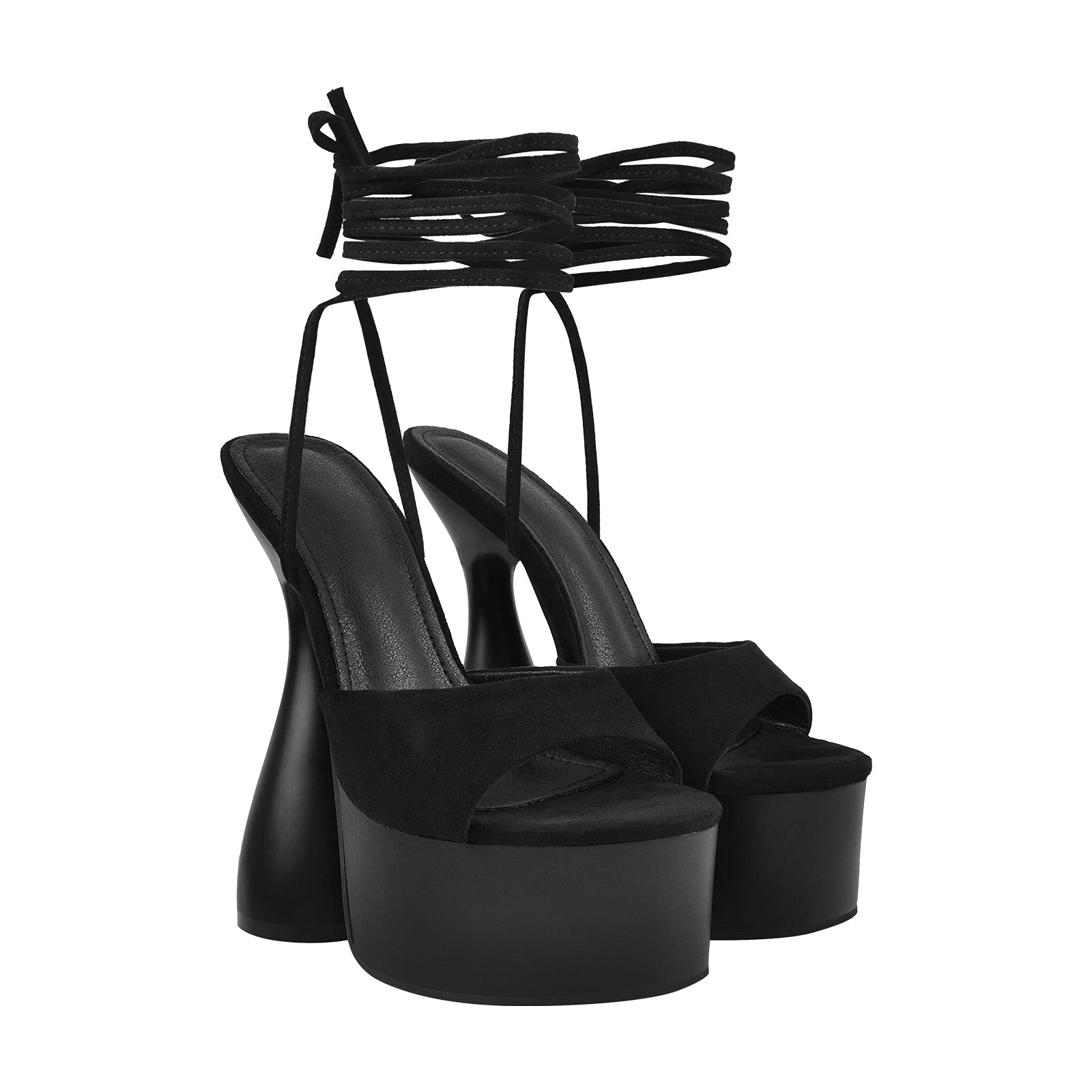 LISHAN Women's Round Open Toe Platform Lace Up Block Chunky High Heels Ankle Strappy Solid Color Gladiator Faux Suede Fashionable Anti-slip Heeled Sandals Nightclub Date Party Shoes Black