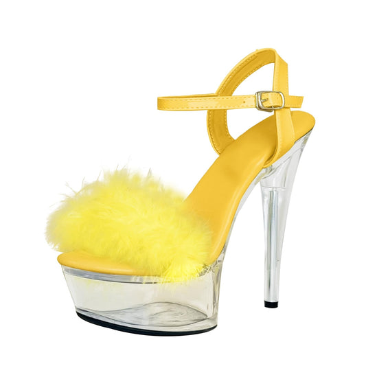 Baffoloo Women's Clear Platform Stiletto Fuzzy High-heeled Ankle Strap Party Casual Sexy Heels for Dancing Pole Dance Heels Casual Sandals Yellow