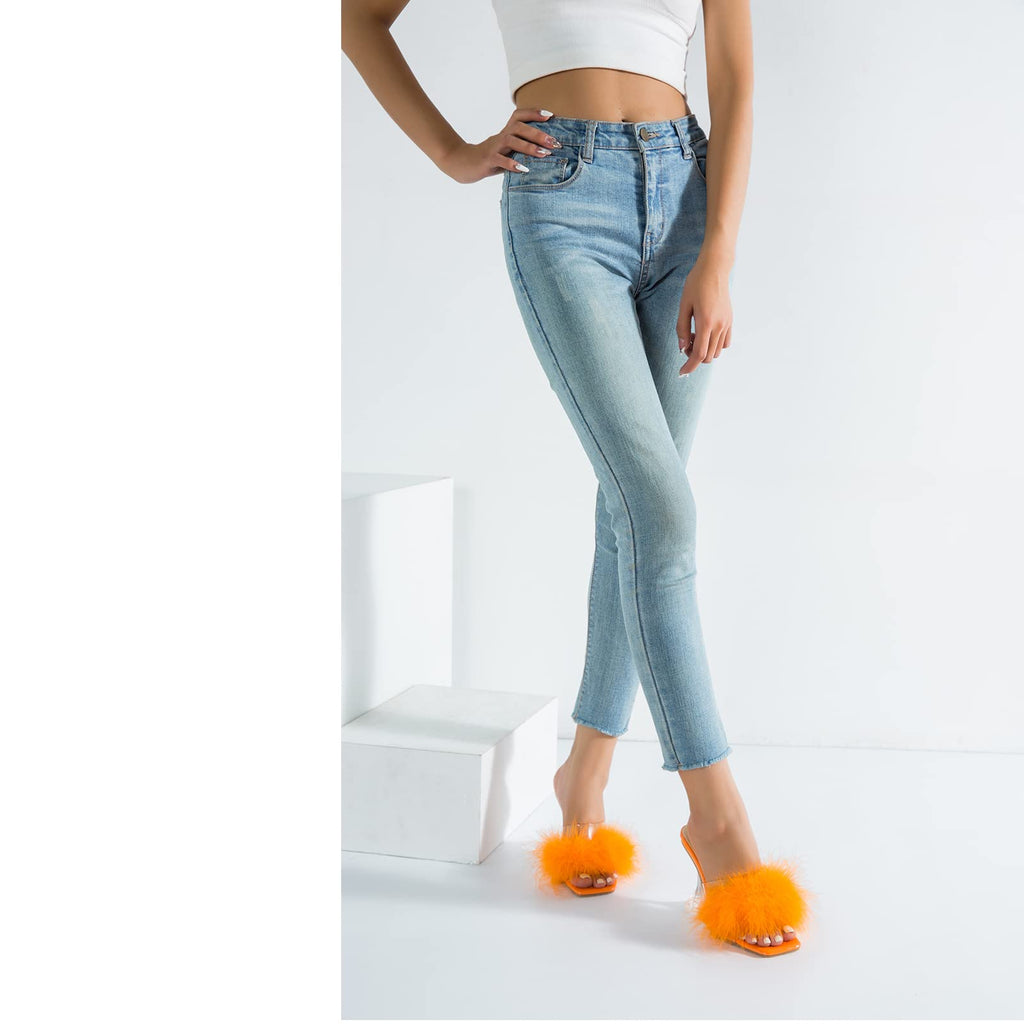 LIURUIJIA Women's Square Toe Feather Fluffy Fuzzy Heels High Heeled Dress Sandals Wedding Bridal Party Shoes Orange