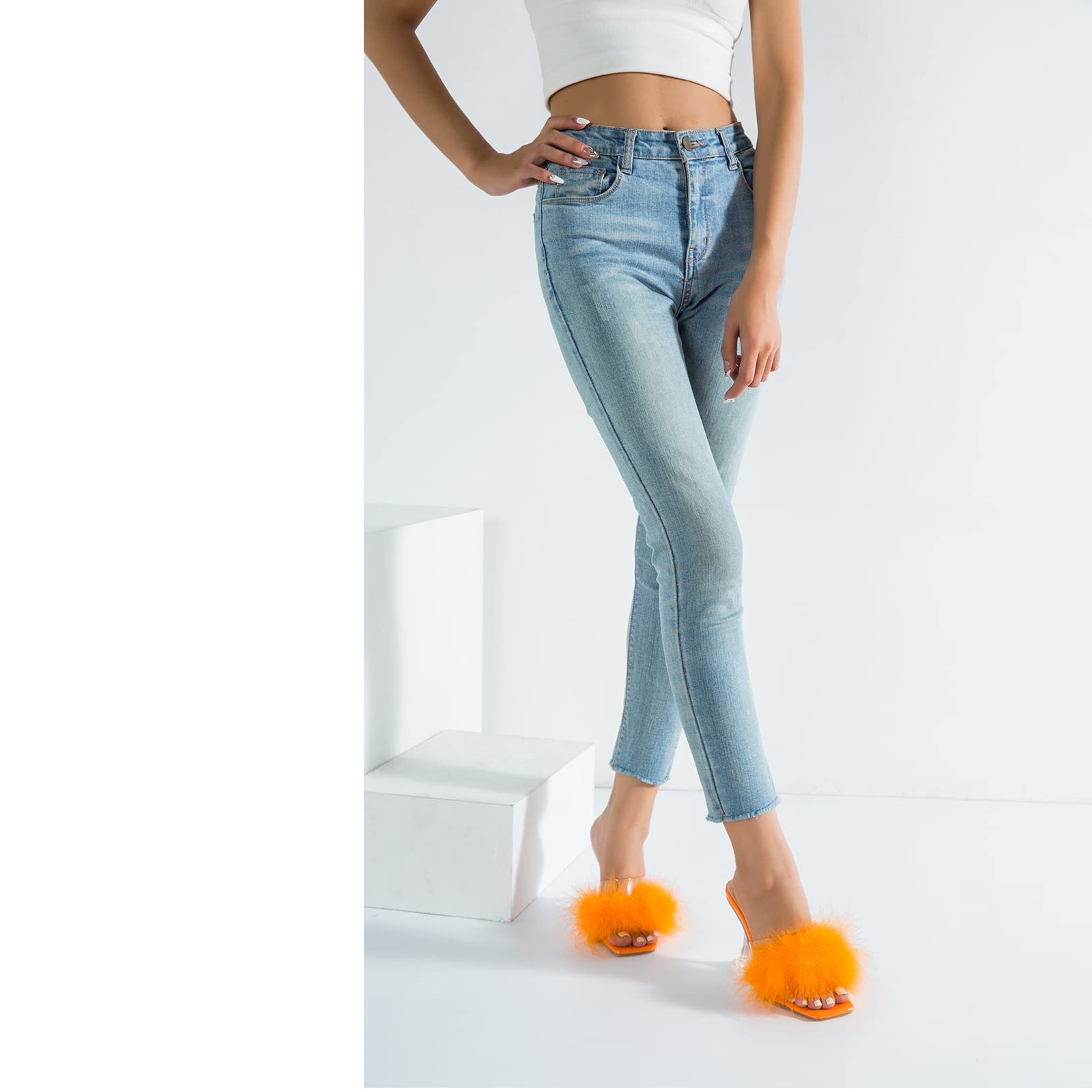 LIURUIJIA Women's Square Toe Feather Fluffy Fuzzy Heels High Heeled Dress Sandals Wedding Bridal Party Shoes Orange