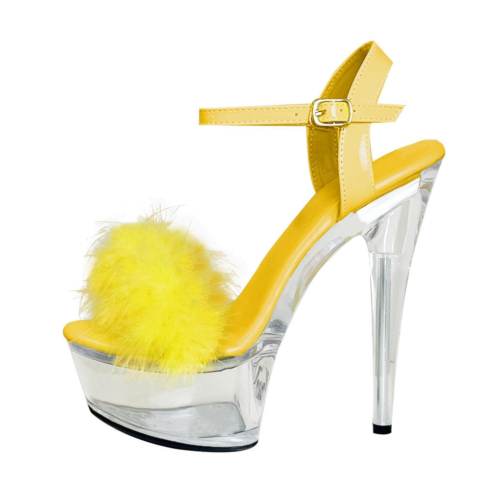 Baffoloo Women's Clear Platform Stiletto Fuzzy High-heeled Ankle Strap Party Casual Sexy Heels for Dancing Pole Dance Heels Casual Sandals Yellow