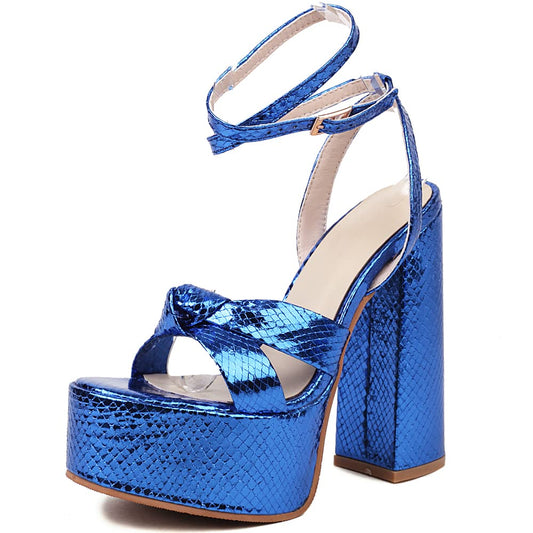 YIYA Women's Metallic Platform Chunky Heeled Sandals Open Round Toe Strappy Heels Ankle Strap Wedding Party Dress Shoes