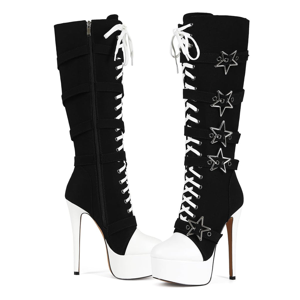 Feinlina Women's Canvas Knee High Round Toe Boots Y2K Gothic Punk Lace Up Platform Stiletto Heels Club Party Booties with Star Buckle,Black