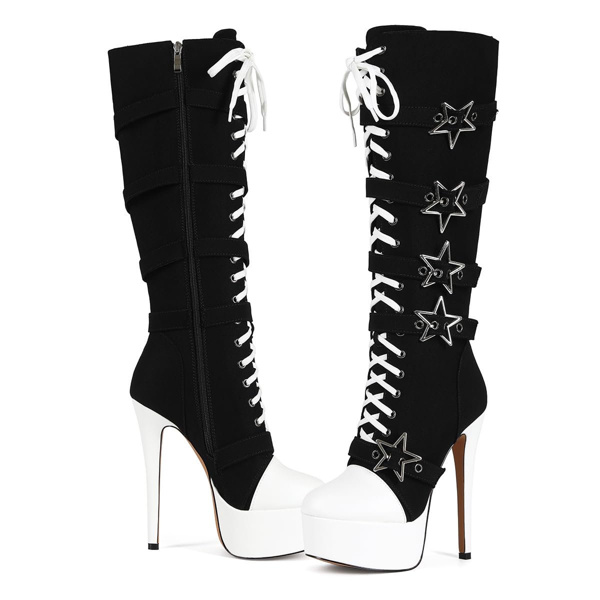 Feinlina Women's Canvas Knee High Round Toe Boots Y2K Gothic Punk Lace Up Platform Stiletto Heels Club Party Booties with Star Buckle,Black